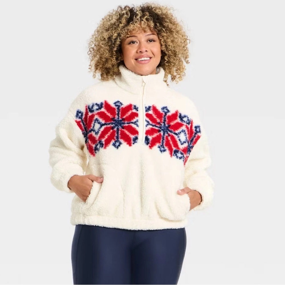 All in Motion White Fleece w/ Red and Blue Accents 1/2 Zip Jacket